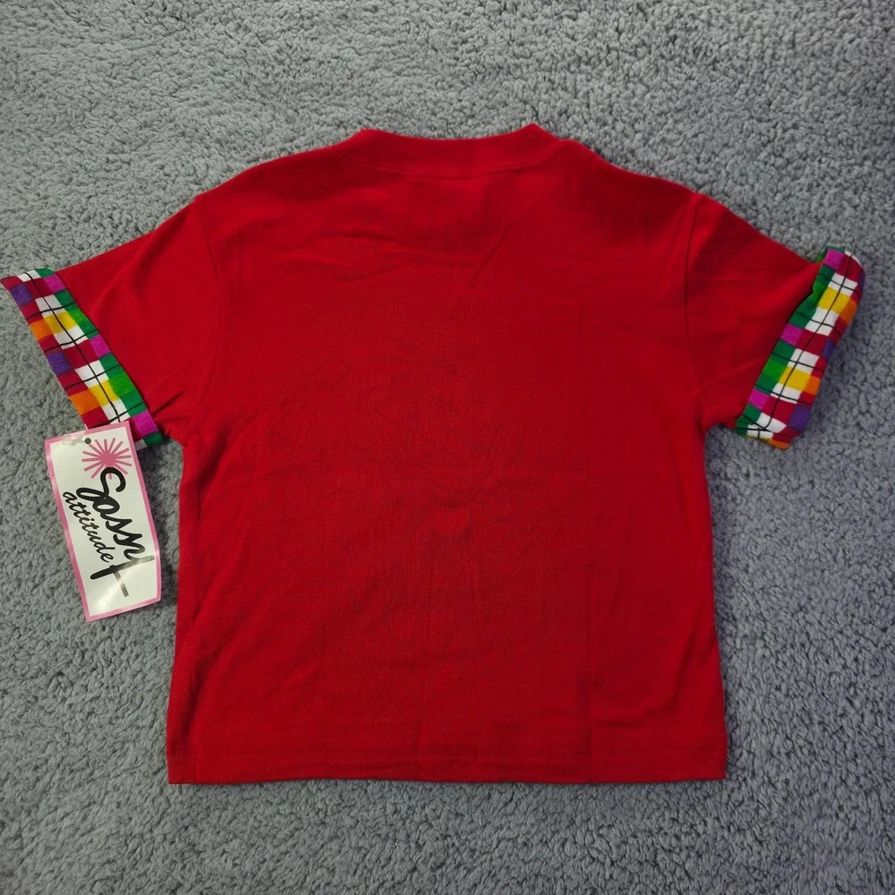 Vintage Sassy Attitude Kids Red Plaid Trim Pocket T-Shirt Size 7-8 Made in USA